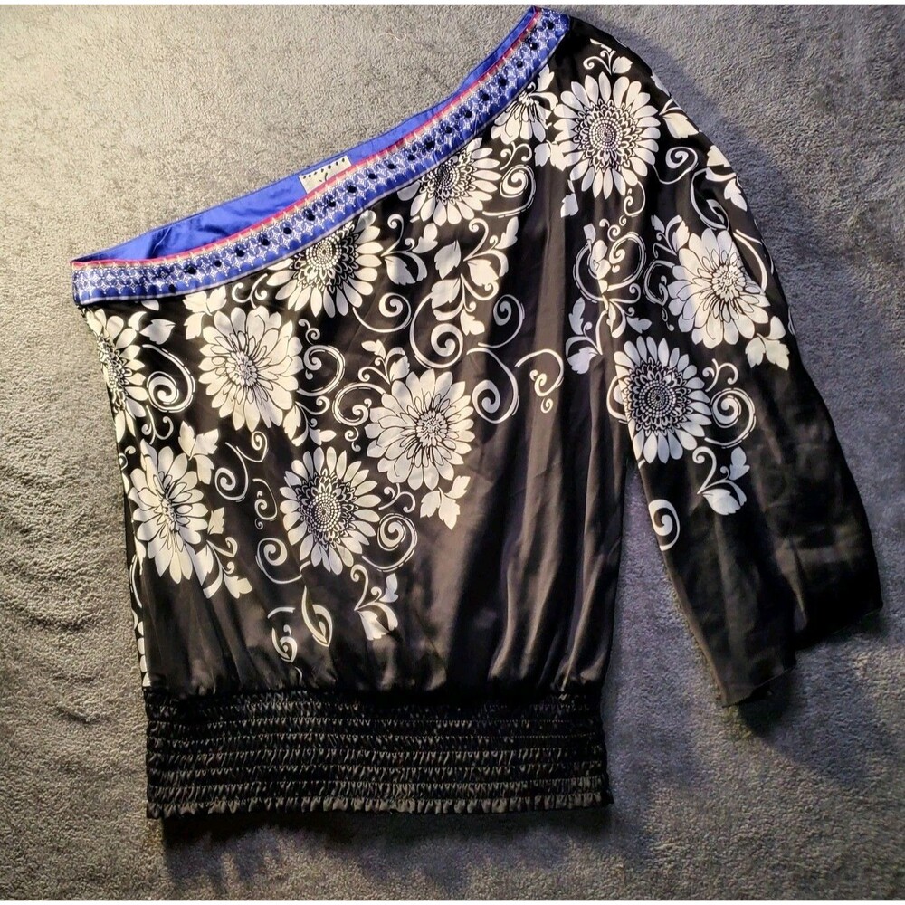 Ice One Shoulder Blouse Women XL Black White Floral Butterfly Sleeve Smocked Hem